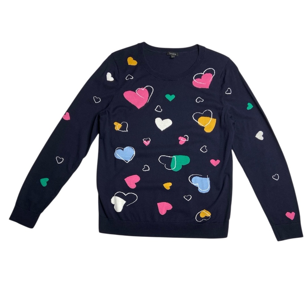 Talbots Navy and Hearts Long Sleeve Sweater Size Large